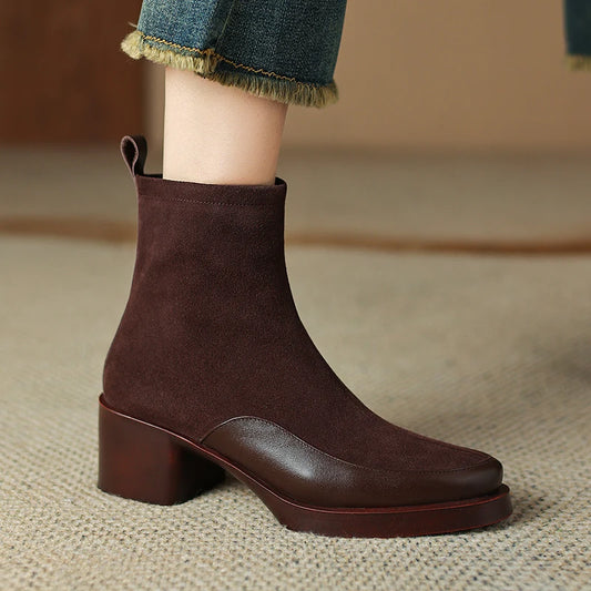 Bottines en cuir véritable pour femme 2025 – Bottines courtes rétro à bout pointu et talon compensé, grandes pointures