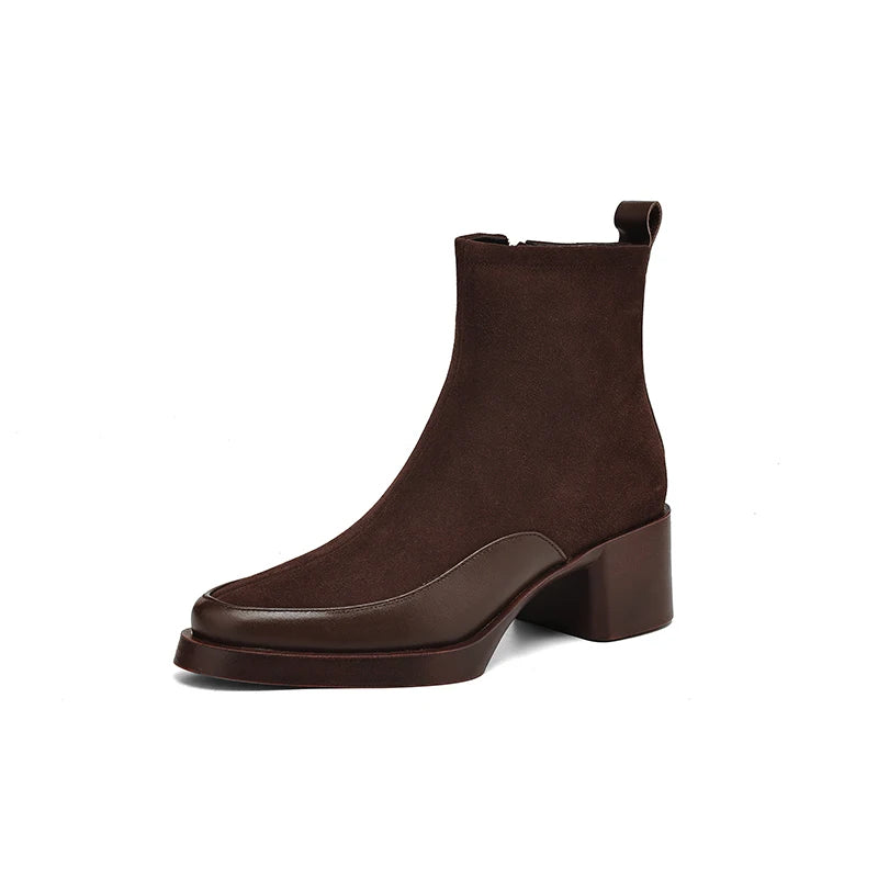 Bottines en cuir véritable pour femme 2025 – Bottines courtes rétro à bout pointu et talon compensé, grandes pointures