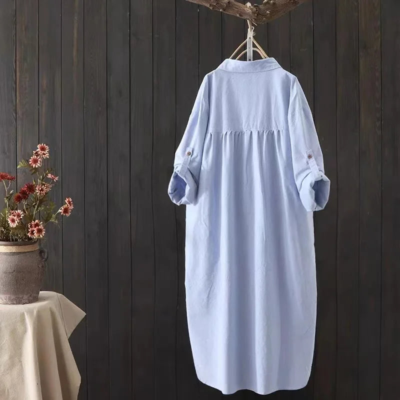 Chemise blanche ample brodée pour femme 2025 – Chemisier long en mélange de coton pour une tenue décontractée et de bureau (M–3XL)