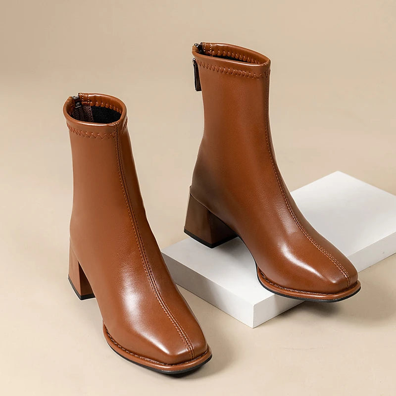 Bottines à plateforme et bout carré pour femmes 2025 – Bottines à talon large et fermeture éclair à l'arrière, grandes pointures