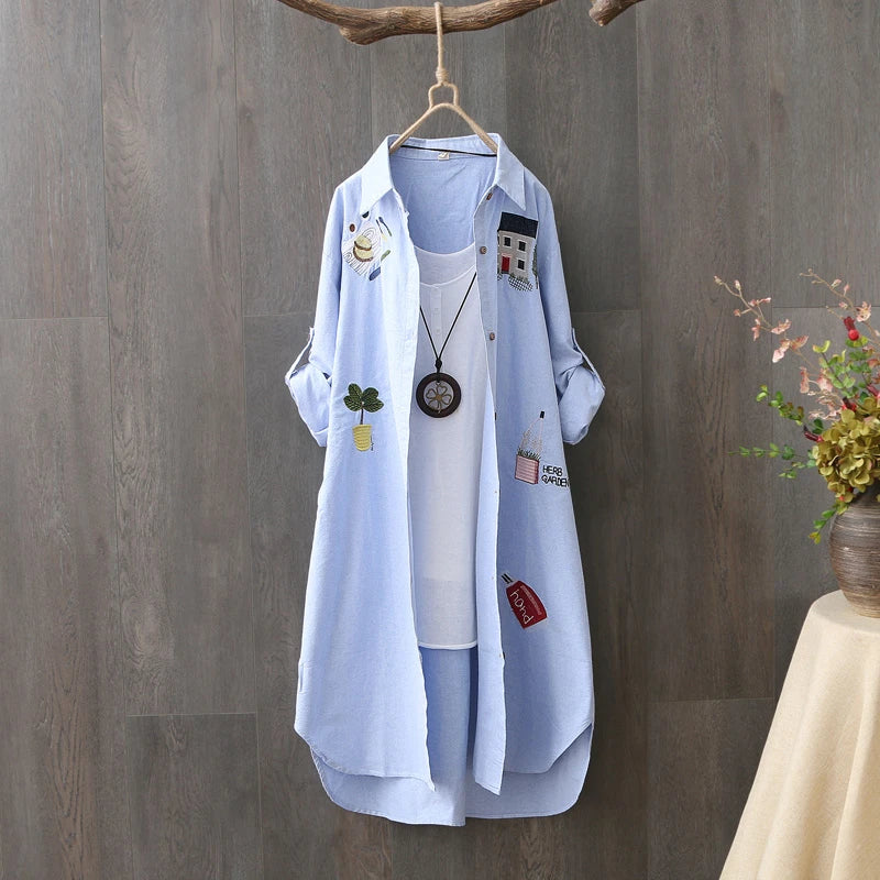 Chemise blanche ample brodée pour femme 2025 – Chemisier long en mélange de coton pour une tenue décontractée et de bureau (M–3XL)