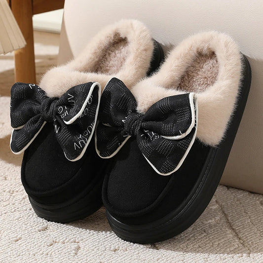 Pantoufles d'hiver pour femmes en peluche avec nœud – Mules d'intérieur chaudes en coton, chaussures d'intérieur à semelle souple antidérapante (Pointures 36 à 41)