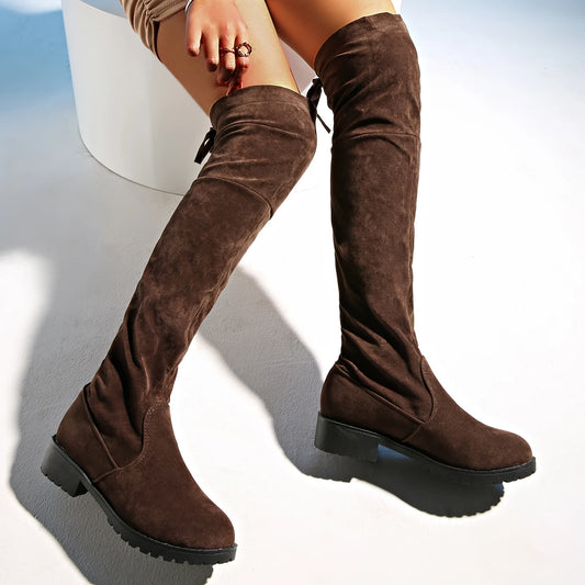 Bottes d'hiver pour femmes 2024 – Bottes en daim marron à lacets avec talon haut épais et bout rond